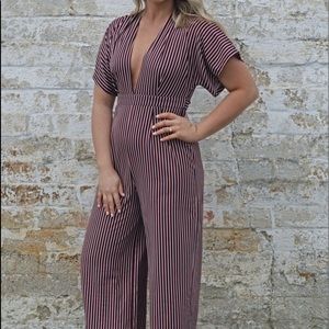 Navy and red striped jumpsuit